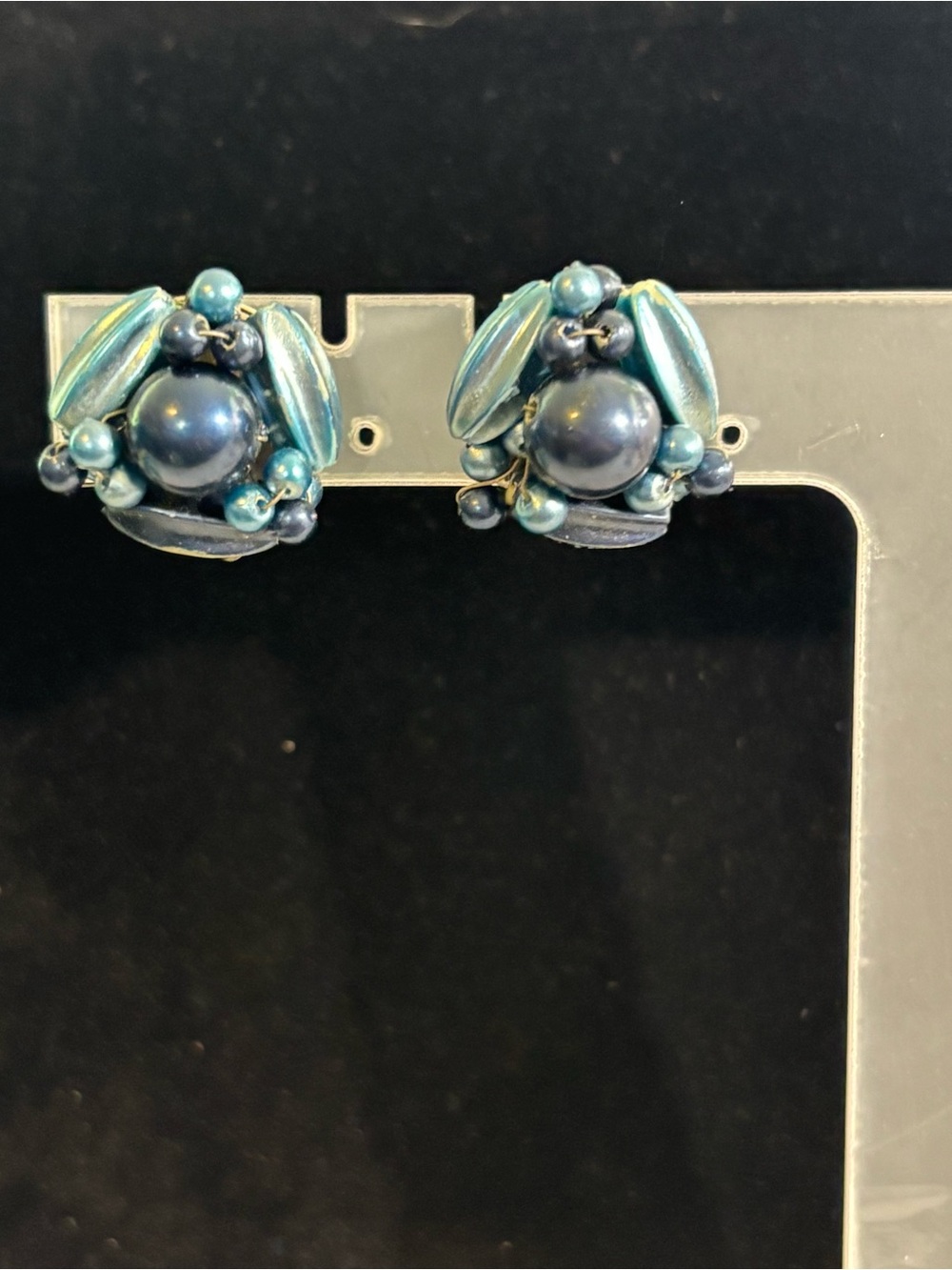 Vintage Signed Hong Kong Faux Blue Pearl Cluster Clip-On Earrings